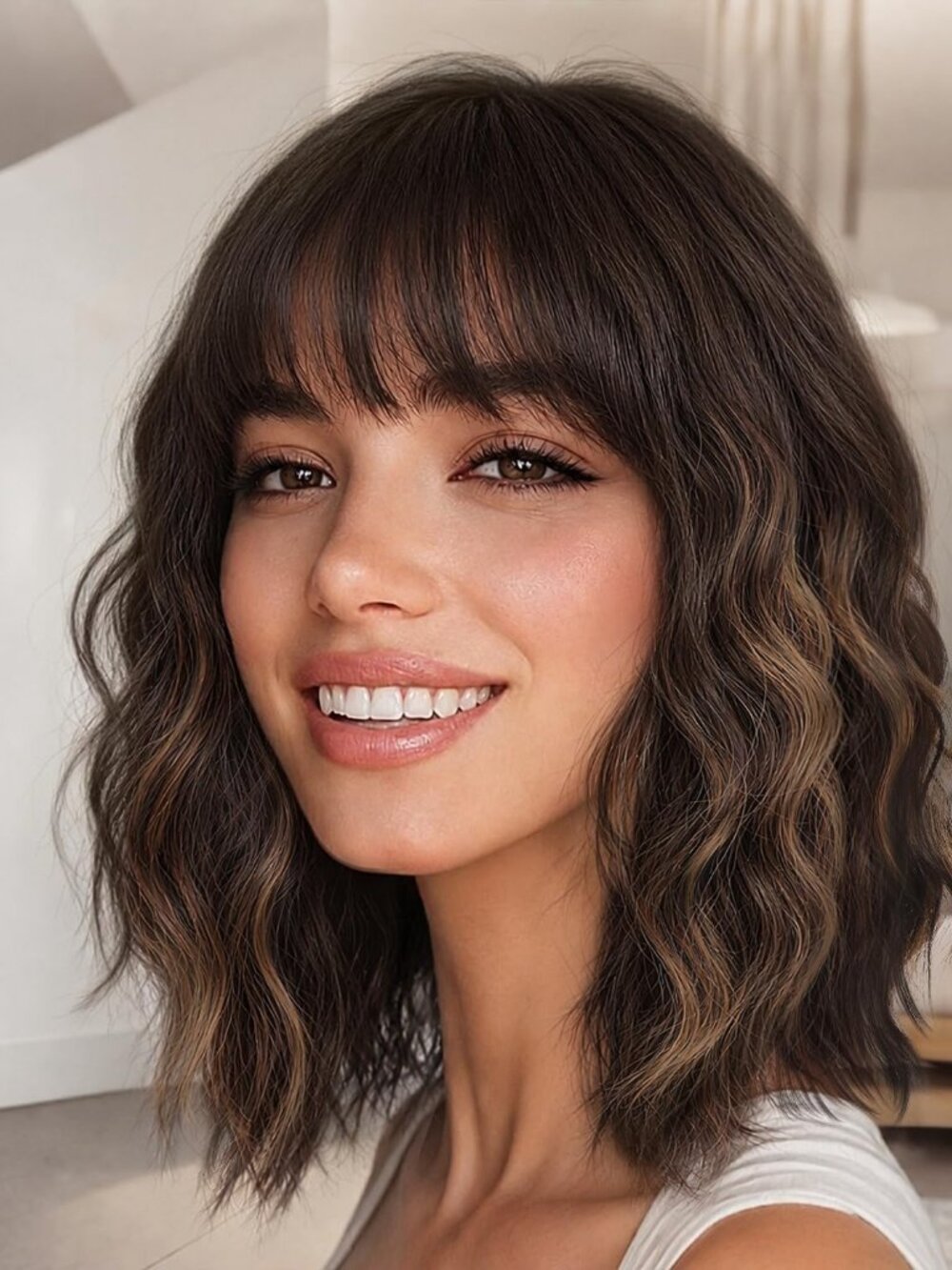 Women's Brown mixed Blonde Short Shoulder Curly with Bangs 16 Inch Synthetic Wig